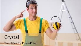  Presentation with noise - Slides enhanced with ear presentations - worker showing the importnace background and a  colored foreground