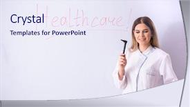  Presentation with female veteran - Slide set having ear presentations - young female doctor standing background and a  colored foreground