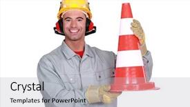  Presentation with traffic engineering - Audience pleasing presentation consisting of engineering roads construction - happy worker with traffic cone backdrop and a light gray colored foreground