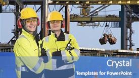  Presentation with coworkers - PPT theme consisting of container port - two dockers coworkers and colleages background and a teal colored foreground