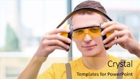  Presentation with hearing - Cool new theme with protected hearing ear plugs - young construction worker in yellow backdrop and a yellow colored foreground
