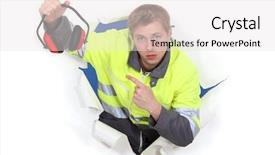  Presentation with strategic management needle pointing - Presentation theme enhanced with job powert point - young craftsman pointing at earmuffs background and a white colored foreground