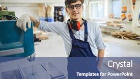  Presentation with drilling machine - Colorful PPT theme enhanced with ear protectors on neck lean backdrop and a ocean colored foreground