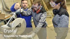  Presentation with teacher and students - Slides with ear security - carpentry teacher showing sawing machine background and a coral colored foreground