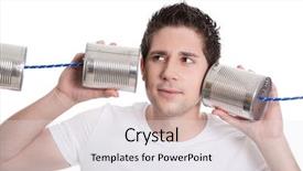  Presentation with decision - Slides enhanced with ear security - isolated young man in white background and a sky blue colored foreground