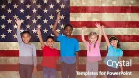  Presentation with usa flag - Presentation theme enhanced with early america - elementary pupils smiling and waving background and a tawny brown colored foreground