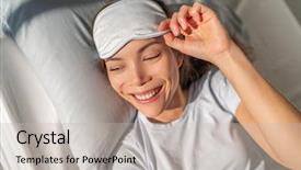  Presentation with sleeping beauty - Presentation having early bird - happy asian woman waking up background and a light gray colored foreground