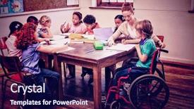  Presentation with elementary school - Theme having teacher helping pupils in classroom background and a navy blue colored foreground