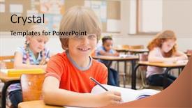  Presentation with school desk - Slide set featuring cute pupils writing at desk background and a soft green colored foreground