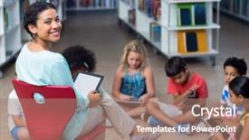  Presentation with digital library - Beautiful slides featuring elementary school tacher - portrait of smiling female teacher backdrop and a coral colored foreground