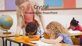  Presentation with elementary school - Slide deck featuring early childhood education - pretty teacher helping pupil background and a coral colored foreground