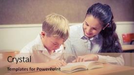  Presentation with elementary school - PPT layouts enhanced with early childhood education - teacher helping a student background and a coral colored foreground