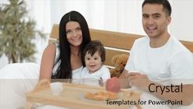  Presentation with home black family - Colorful presentation design enhanced with early childhood nutrition - family having breakfast in bed backdrop and a  colored foreground