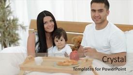  Presentation with breakfast - PPT layouts featuring early childhood nutrition - family having breakfast in bed background and a  colored foreground