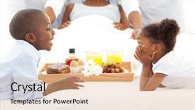  Presentation with early childhood - PPT theme with early childhood nutrition - happy family having breakfast background and a coral colored foreground