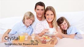  Presentation with early childhood - Audience pleasing slides consisting of early childhood nutrition - smiling family having breakfast sitting backdrop and a coral colored foreground