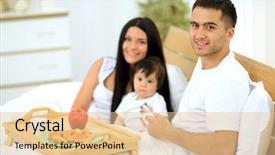  Presentation with family cartoons - PPT theme with early childhood nutrition - smiling family having breakfast background and a  colored foreground