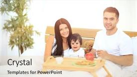  Presentation with early childhood - Presentation having early childhood nutrition - smiling family having breakfast background and a  colored foreground