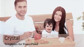  Presentation with portrait happy family smiling - Presentation design featuring early childhood nutrition - smiling family having breakfast background and a  colored foreground