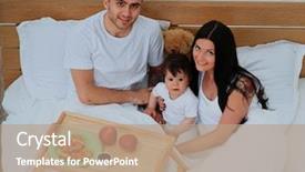  Presentation with family speech - Theme having early childhood nutrition - smiling family having breakfast background and a  colored foreground