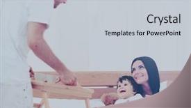  Presentation with family 3 - Slide deck featuring early childhood nutrition - smiling family having breakfast background and a  colored foreground