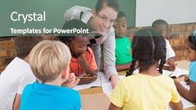  Presentation with employees working together - Presentation having early education - teacher and pupils working background and a gray colored foreground