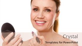  Presentation with lipstick - PPT theme with early-fourties-woman-applying-mascara background and a lemonade colored foreground