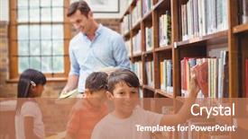  Presentation with elementary school - Cool new slides with early literacy - cute pupils and teacher looking backdrop and a  colored foreground