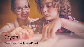  Presentation with teacher - Amazing PPT theme having early reading - teacher looking at boy using backdrop and a coral colored foreground