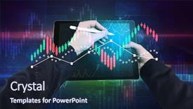  Presentation with statistics - Colorful PPT theme enhanced with earned value - hand touching tablet with worldwide backdrop and a navy blue colored foreground