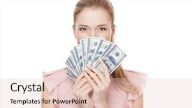  Presentation with hand cute dolls and toy - PPT layouts enhanced with earning - young happy woman with dollars background and a lemonade colored foreground