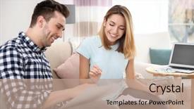  Presentation with budget - Audience pleasing presentation design consisting of earnings management - young couple managing family budget backdrop and a coral colored foreground