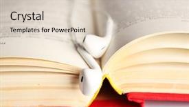  Presentation with book holy bible table - Slide deck having earphones and book on table background and a soft green colored foreground