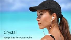  Presentation with smartphone app - Colorful theme enhanced with earphones earbuds and running cap backdrop and a cool aqua colored foreground