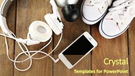  Presentation with empty of wood table top - Beautiful slide set featuring earphones on wooden table top backdrop and a  colored foreground