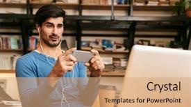  Presentation with man holding phone - PPT layouts featuring earphones sitting at the library background and a coral colored foreground