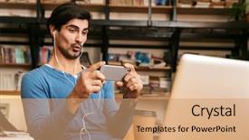  Presentation with man holding phone - Theme enhanced with earphones sitting at the library background and a coral colored foreground