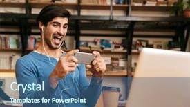  Presentation with young man wearing a hat - Amazing PPT layouts having earphones sitting at the library backdrop and a  colored foreground