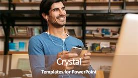  Presentation with young man on the phone - Beautiful theme featuring earphones sitting at the library backdrop and a coral colored foreground