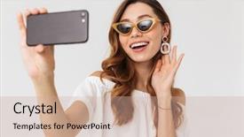  Presentation with photo - Colorful PPT layouts enhanced with earrings - photo of pretty european woman backdrop and a coral colored foreground