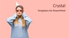  Presentation with protected hearing ear plugs - PPT theme having ears ignoring annoying loud noise background and a  colored foreground