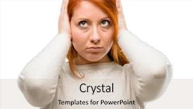  Presentation with young woman - Amazing slide deck having ears ignoring annoying loud noise backdrop and a soft green colored foreground