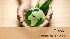  Presentation with people hold hand around globe - Audience pleasing slide deck consisting of earth - glass globe in hand backdrop and a coral colored foreground