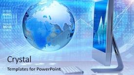  Presentation with my panorama on computer screen - Slides consisting of earth big data - computer screen in business concept background and a light blue colored foreground