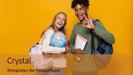  Presentation with man and woman - PPT theme enhanced with earth globe and exercise books background and a gold colored foreground
