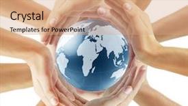  Presentation with world geography earth globe model - Audience pleasing PPT theme consisting of earth globe in his hands backdrop and a coral colored foreground