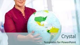  Presentation with globe - Colorful PPT layouts enhanced with earth latitude - senior woman holding globe indoors backdrop and a sky blue colored foreground
