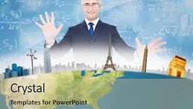  Presentation with sky blue and golden yellow - Amazing presentation design having earth maths - businessman presenting against blue sky backdrop and a mint green colored foreground