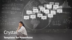  Presentation with globe hands cross - Beautiful slide set featuring earth maths - businesswoman sitting cross legged backdrop and a dark gray colored foreground