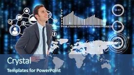  Presentation with cheerful - Slide deck enhanced with earth maths - cheerful businessman standing with hands background and a ocean colored foreground